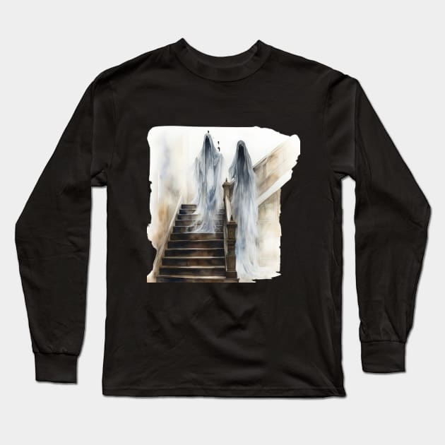 Spooky Ghosts On Staircase Long Sleeve T-Shirt by mw1designsart